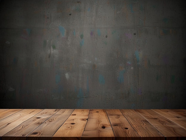 Photo Wood table top on bare concrete wall background