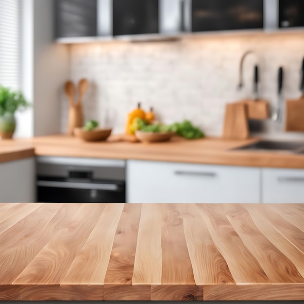 Photo wood table top on blur kitchen counter background for montage product display Generated AI