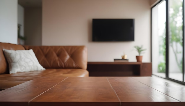 Photo wood table top on blur living room have leather sofa and decoration minimal