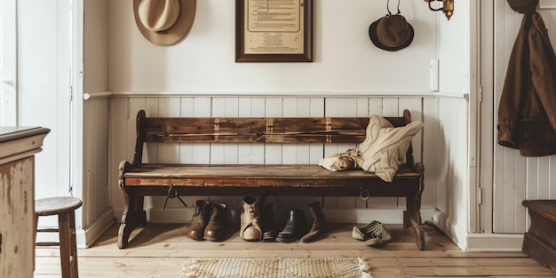 Photo of a Wooden Bench with Poster Frame in a Farmhouse Style Entrance Hall