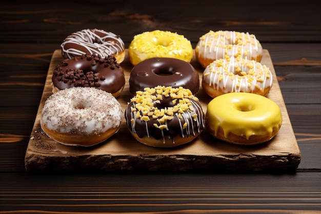 photo a wooden board of doughnuts with chocolate and yellow coating