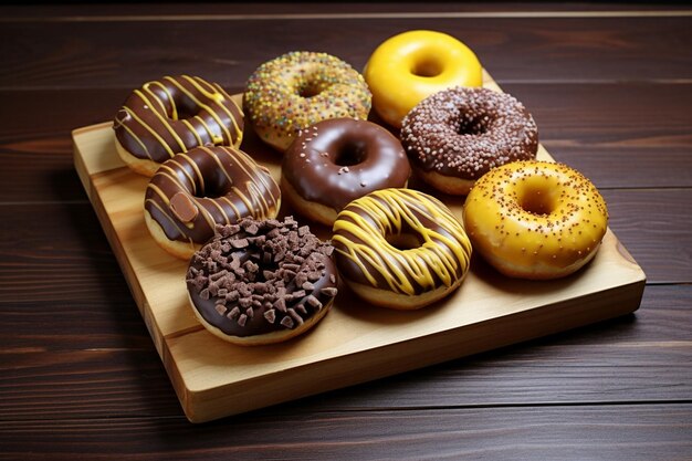 photo a wooden board of doughnuts with chocolate and yellow coating