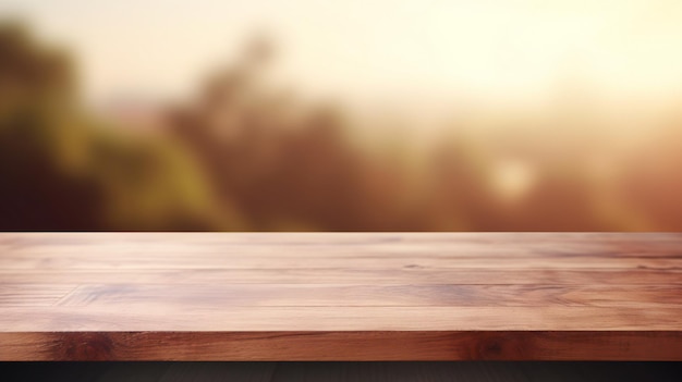 Photo wooden board empty table top on of blurred background