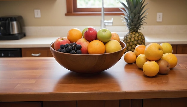 Photo a wooden counter top with a bowl of fruit on it