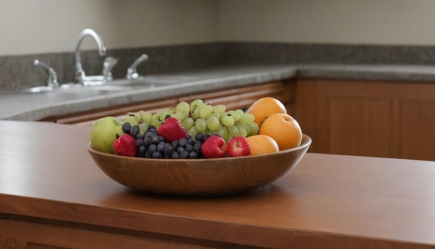 Photo a wooden counter top with a bowl of fruit on it