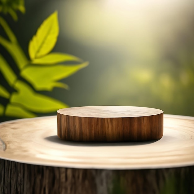 Photo a wooden podium on a wooden table in front of a jungle background for mockup