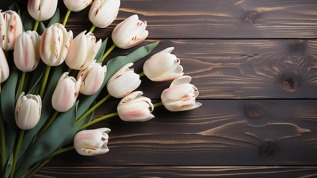 photo wooden table with white tulips