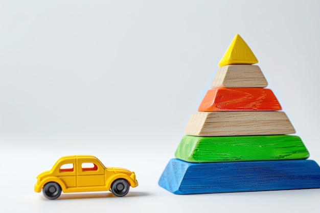 Photo a photo of a wooden toy and a car a yellow car and a multicolored pyramid