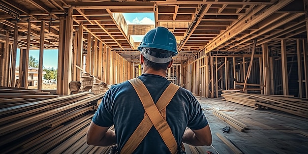 A photo of a worker from behind wearing a helmet