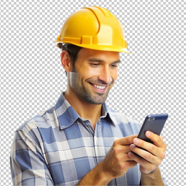 photo of a worker wearing hard using smartphone