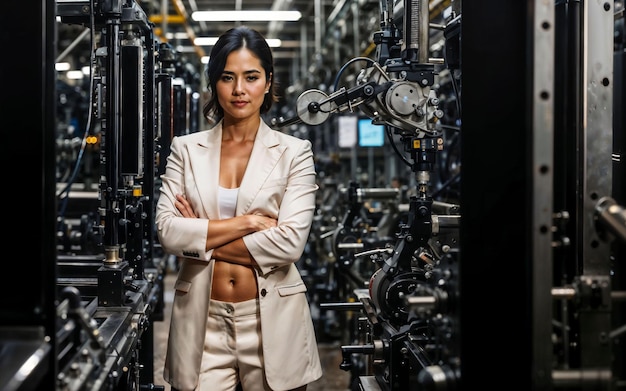 Photo of working entrepreneur woman at factory with machine and worker generative AI