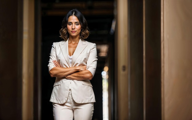 Photo of working entrepreneur woman at factory with machine and worker generative AI