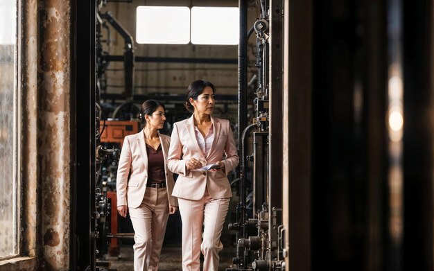 Photo of working entrepreneur woman at factory with machine and worker generative AI