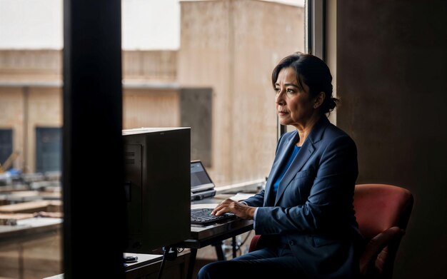 Photo of working entrepreneur woman at factory with machine and worker generative AI