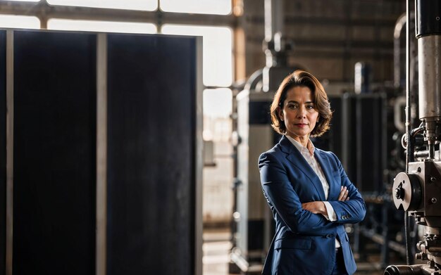 Photo of working entrepreneur woman at factory with machine and worker generative AI