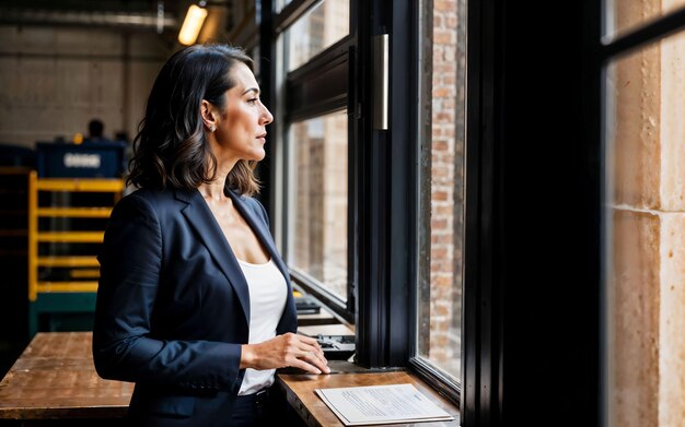 Photo of working entrepreneur woman at factory with machine and worker generative AI