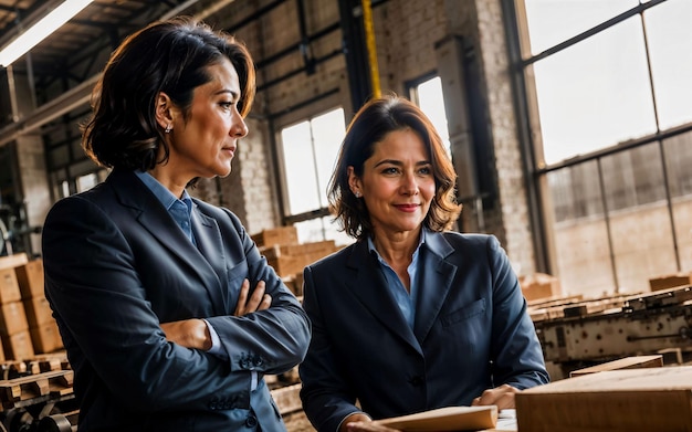 Photo of working entrepreneur woman at factory with machine and worker generative AI