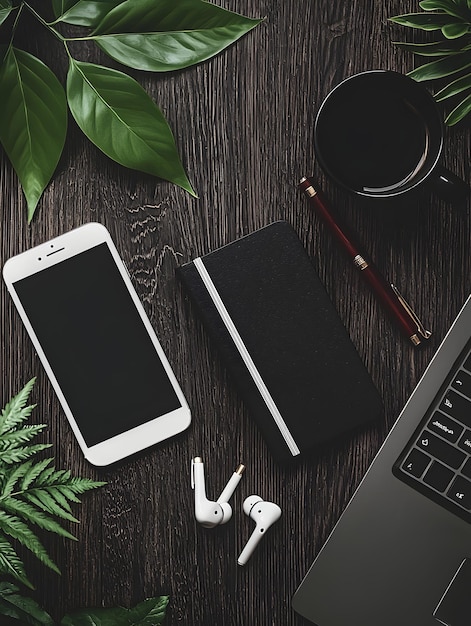 Photo photo of workspace with dark wooden surface