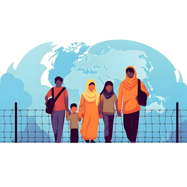 Photo photo world refugee day international immigration concept illustration of family go to refugee camp