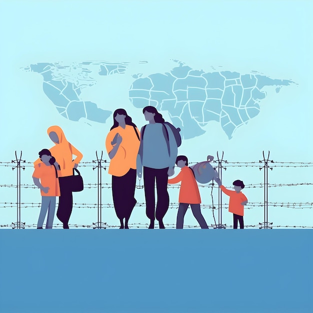 Photo photo world refugee day international immigration concept illustration of family go to refugee camp