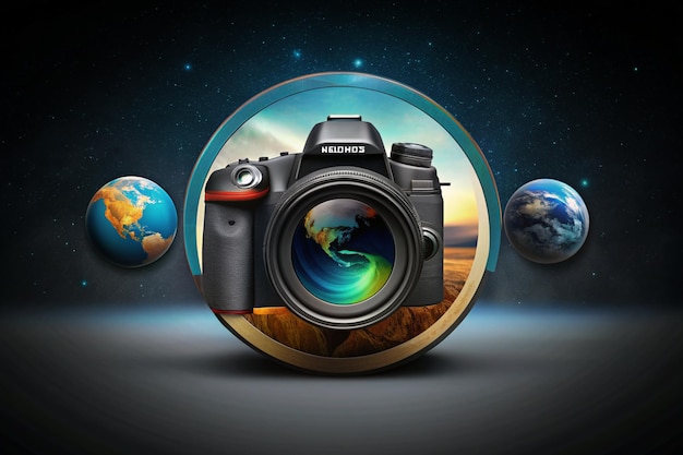 a photo of a world with a camera and the earth in the background