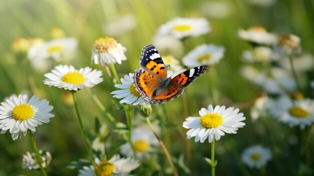 Photo the yellow orange butterfly is on the white pink flowers in the green grass fields generat ai