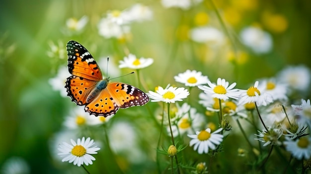 Photo the yellow orange butterfly is on the white pink flowers in the green grass fields generat ai