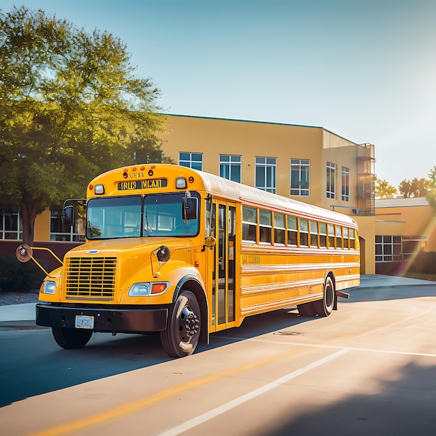 a photo of a yellow school bus in front of a school