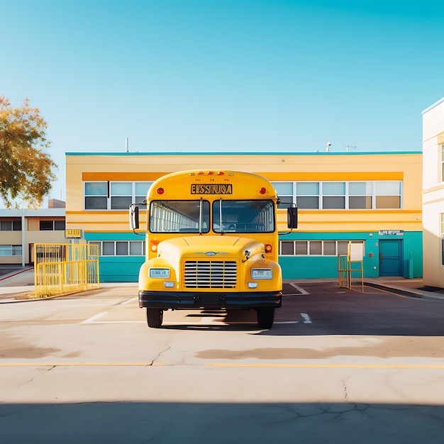 a photo of a yellow school bus in front of a school