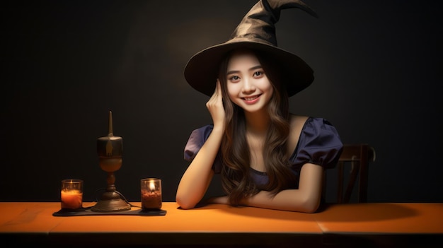 Photo of young Asian beauty with long hair dressed as an elegant witch for Halloween smiling