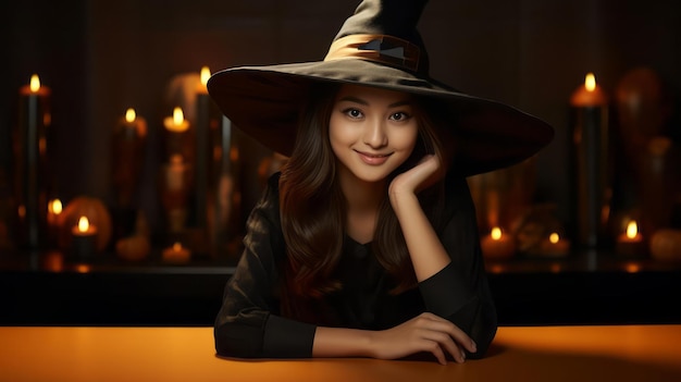 Photo of young Asian beauty with long hair dressed as an elegant witch for Halloween smiling