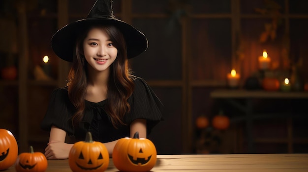 Photo of young Asian beauty with long hair dressed as an elegant witch for Halloween smiling