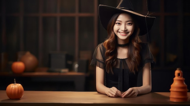 Photo of young Asian beauty with long hair dressed as an elegant witch for Halloween smiling