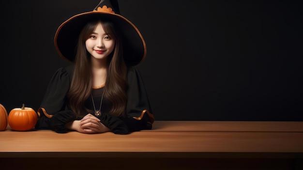 Photo of young Asian beauty with long hair dressed as an elegant witch for Halloween smiling