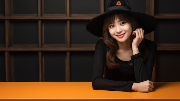 Photo of young Asian beauty with long hair dressed as an elegant witch for Halloween smiling