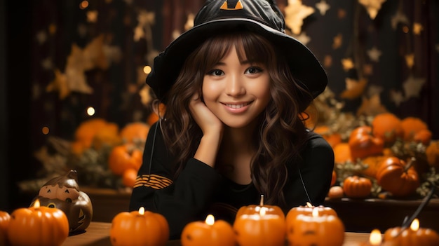 Photo of young Asian beauty with long hair dressed as an elegant witch for Halloween smiling