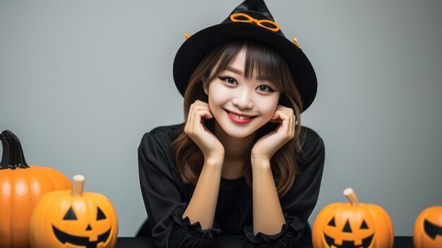 Photo of young Asian beauty with long hair dressed as an elegant witch for Halloween