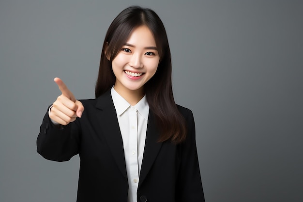 Photo of young asian businesswoman smiling while pointing at copy space