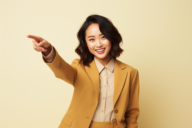 Photo of young asian businesswoman smiling while pointing at copy space