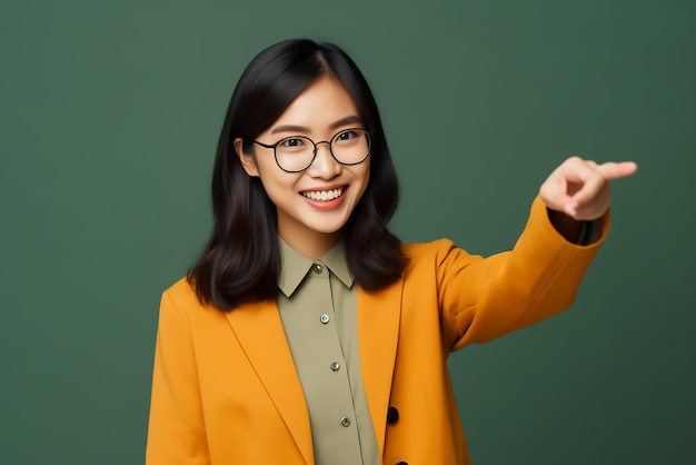 Photo of young asian businesswoman smiling while pointing at copy space