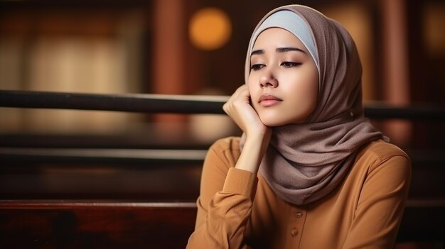 Photo young asian woman muslim hold her head thinking