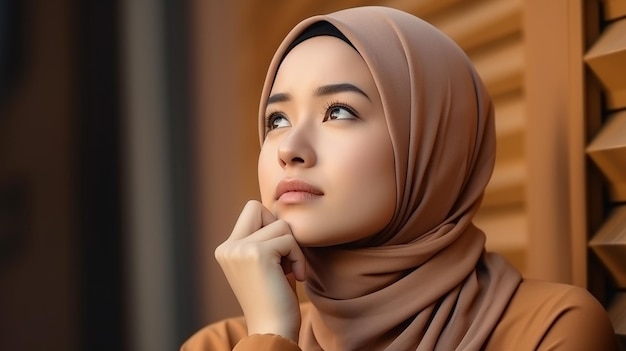 Photo young asian woman muslim hold her head thinking