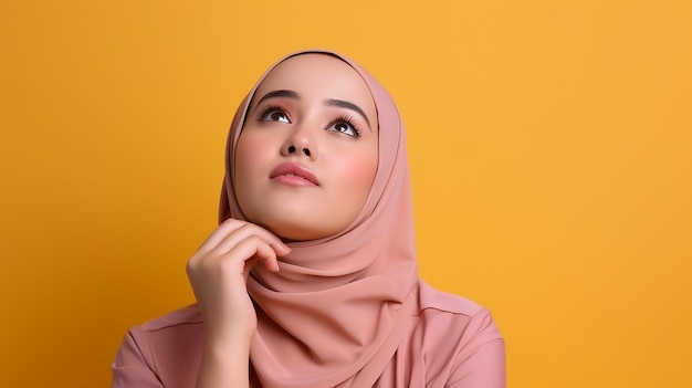 Photo young asian woman muslim hold her head thinking