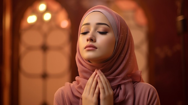 Photo young asian woman muslim hold her head thinking