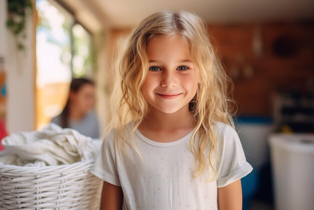 Photo of young blonde girl with laundry High quality photo