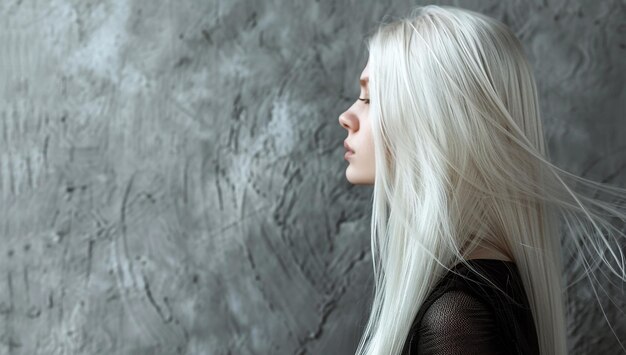 Photo photo of young blonde with straight flying hair demonstrating dyed hairstyle and makeup