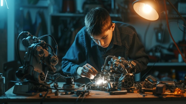 photo of Young boy mechanic repairing the robot in the workshop at night