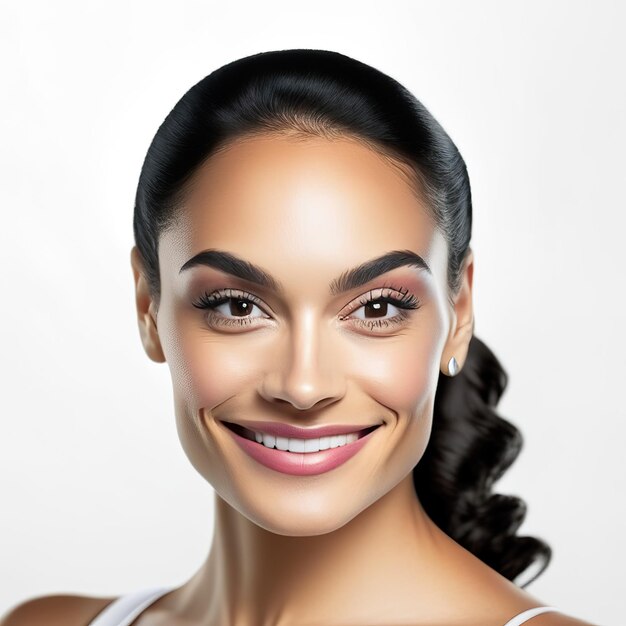 Photo of young brunette woman with perfect skin Generative AI