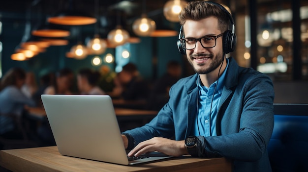 photo young confident office worker man on headphones sits at desk with office generated by AI