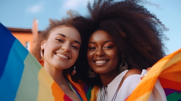 Photo young couple celebrates pride month